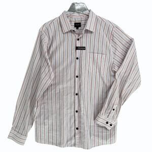 Tsuki Pink Striped Cotton Mens Dress Shirt L 41/42 Long Sleeve Button-Up Turkey